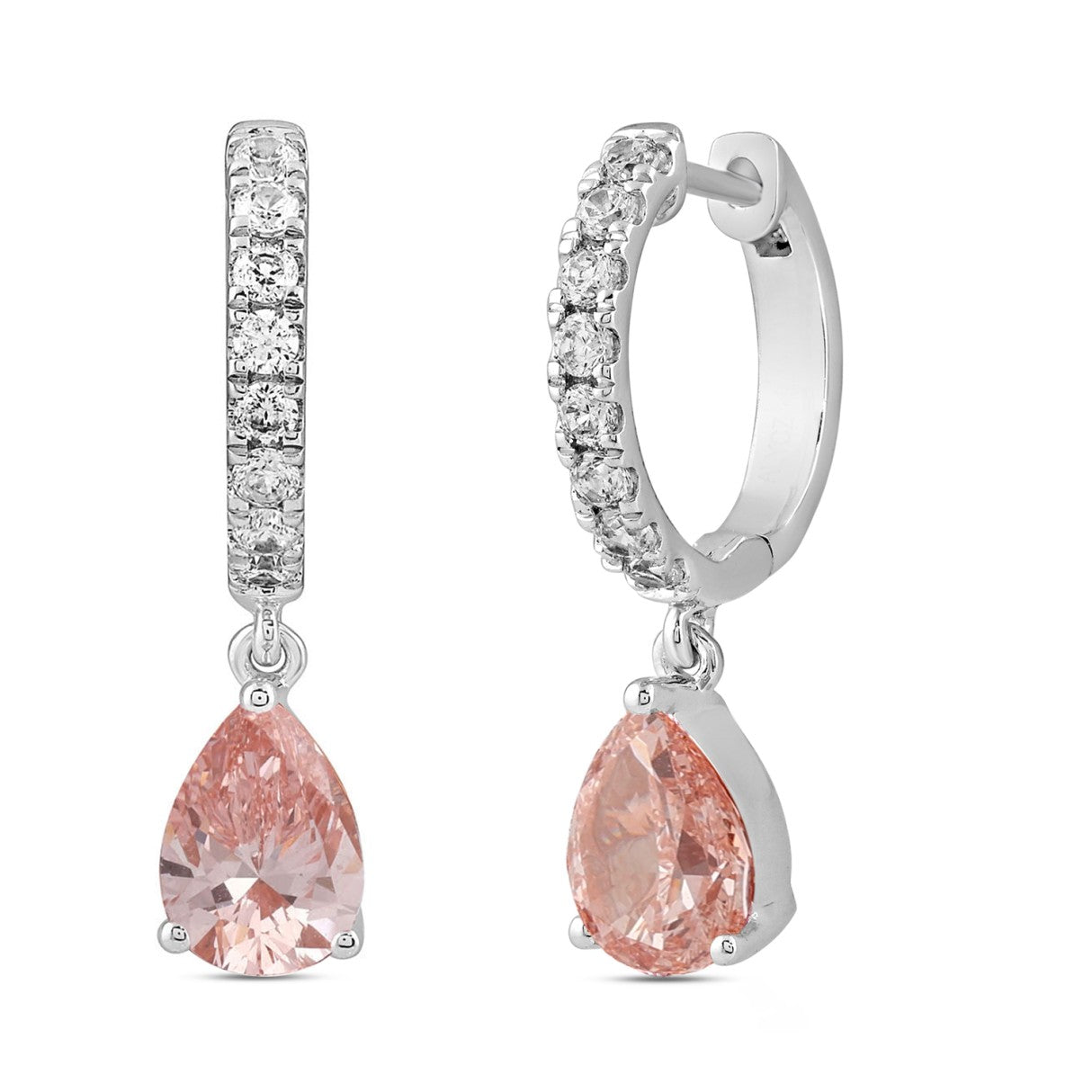 14K WHITE/ROSE GOLD 2.00CT ROUND/PINK PEAR DIAMOND LADIES HOOPS EARRINGS