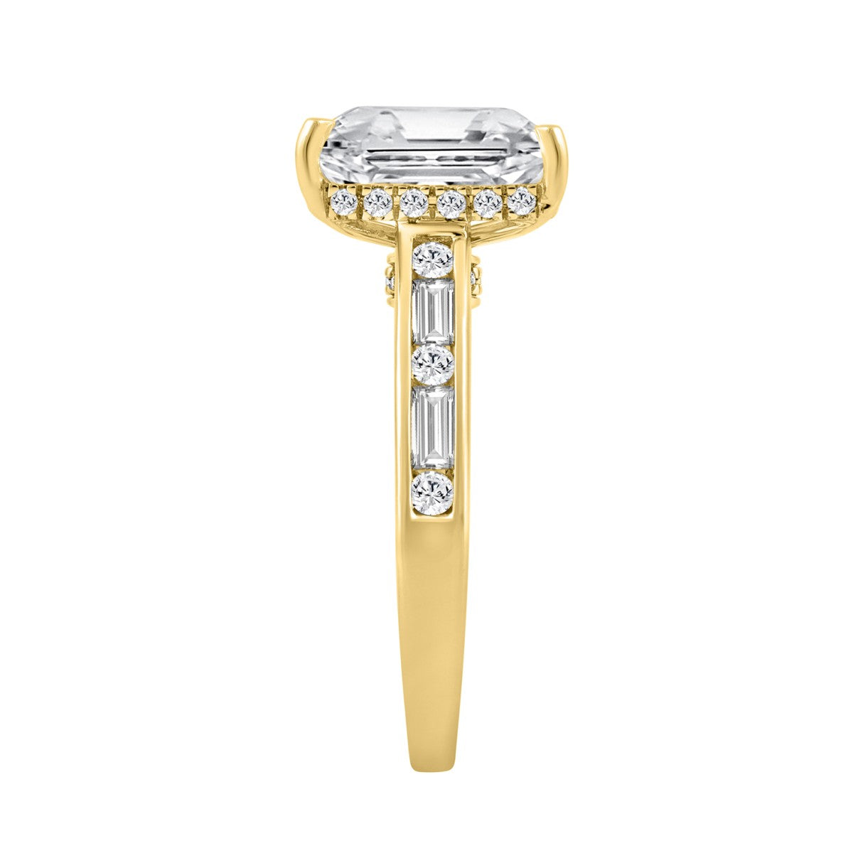 14K YELLOW GOLD LAB 3 1/2CT ROUND/BAGUETTE/RADIANT DIAMOND LADIES RING