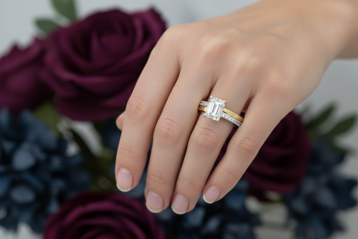 14K WHITE/YELLOW GOLD 2 1/4CT ROUND/EMERALD CUT DIAMOND LADIES RING (CENTER STONE EMERALD CUT DIAMOND 2CT) SKU:EC-126618WY