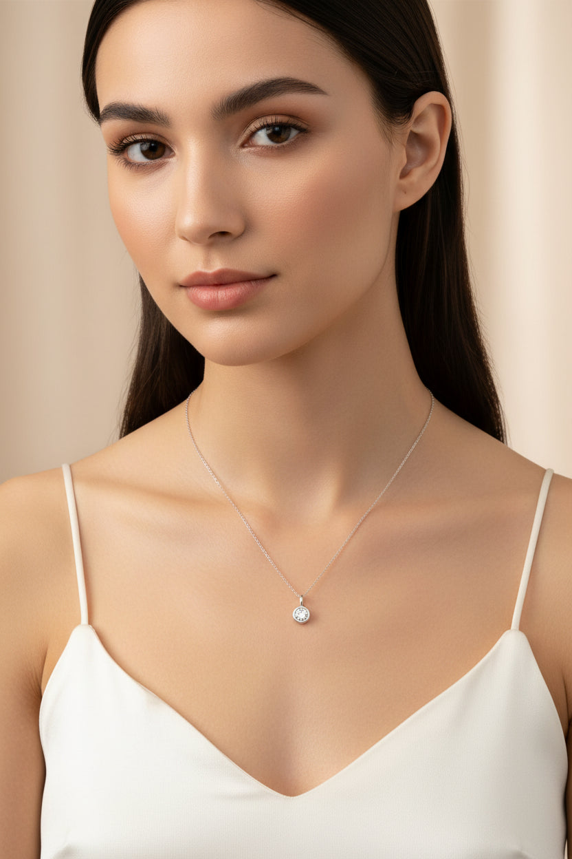 10k White Gold Round Solitaire Bezel LAB DIAMOND 0.20CTW Necklace