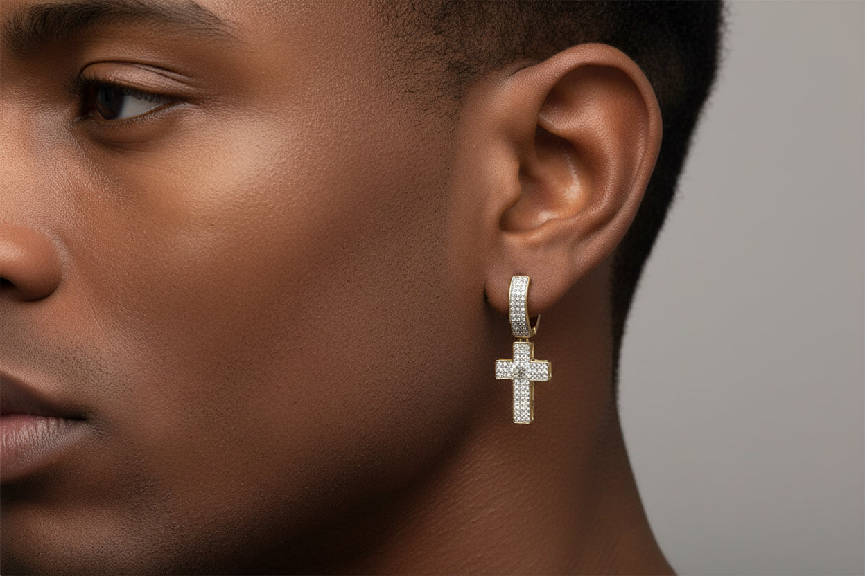 10k Yellow Gold Mens Natural DIAMOND 0.34CTW Cross Dangly Hoops