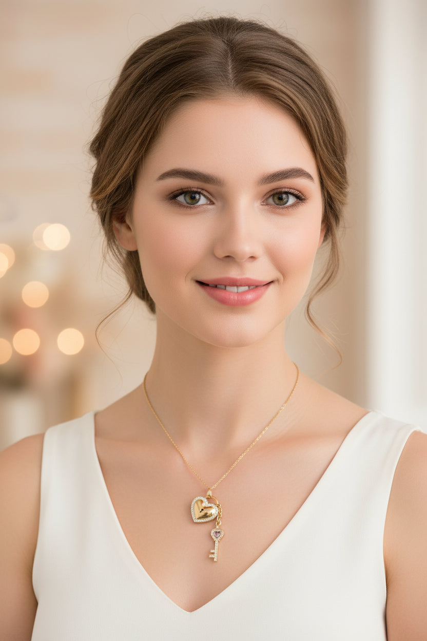 10k Yellow Gold Key/Heart DIAMOND 0.26CTW Necklace