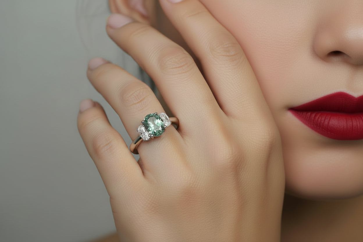 925 Silver Green Oval 3stone Moissanite 4.86CTW Ring