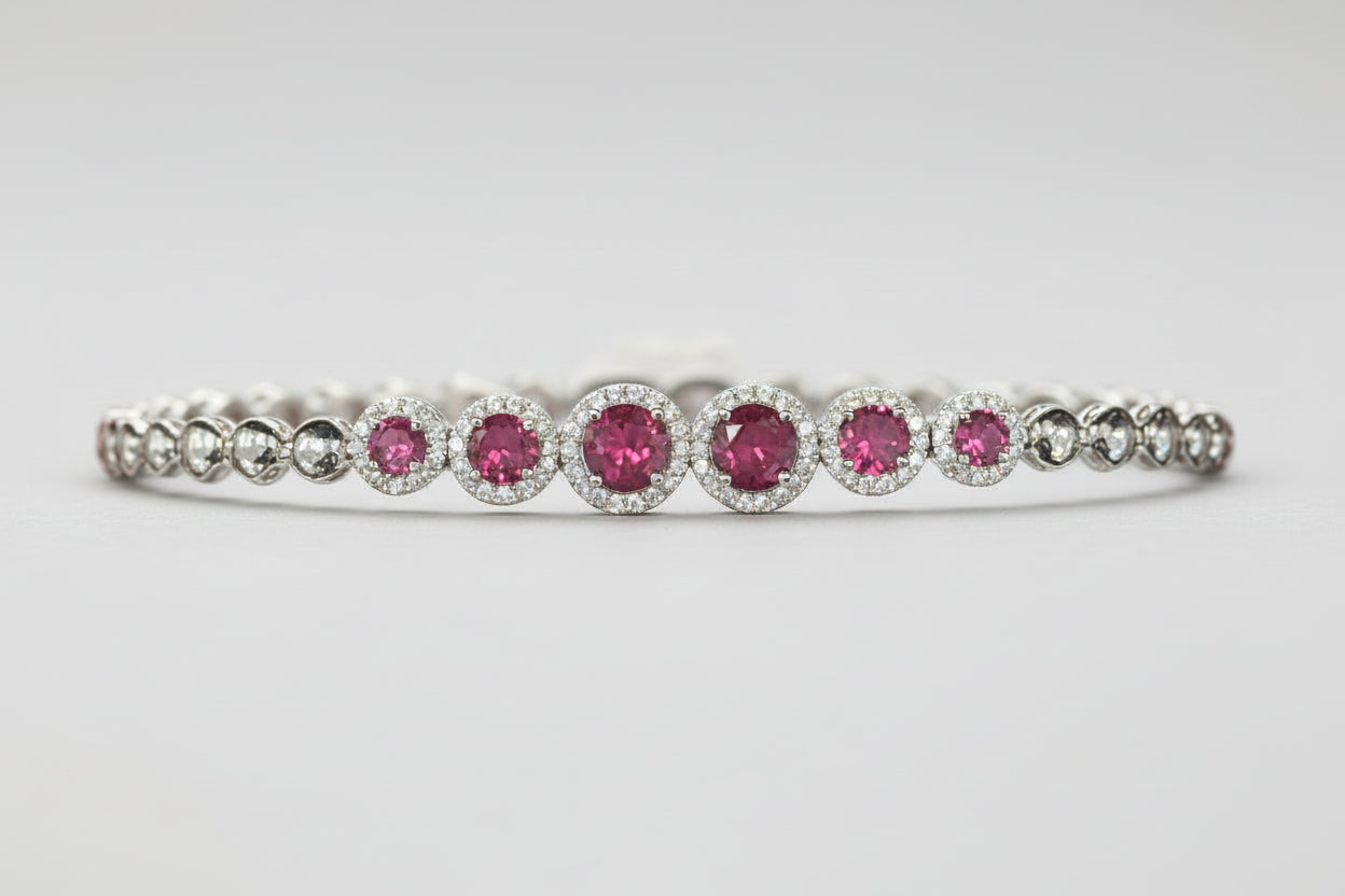 925 Silver Round Ruby / Beaded Bracelet cz