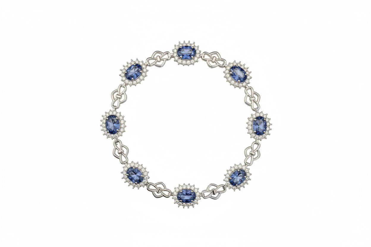 925 Silver Oval tanzanite Flower Bracelet cz