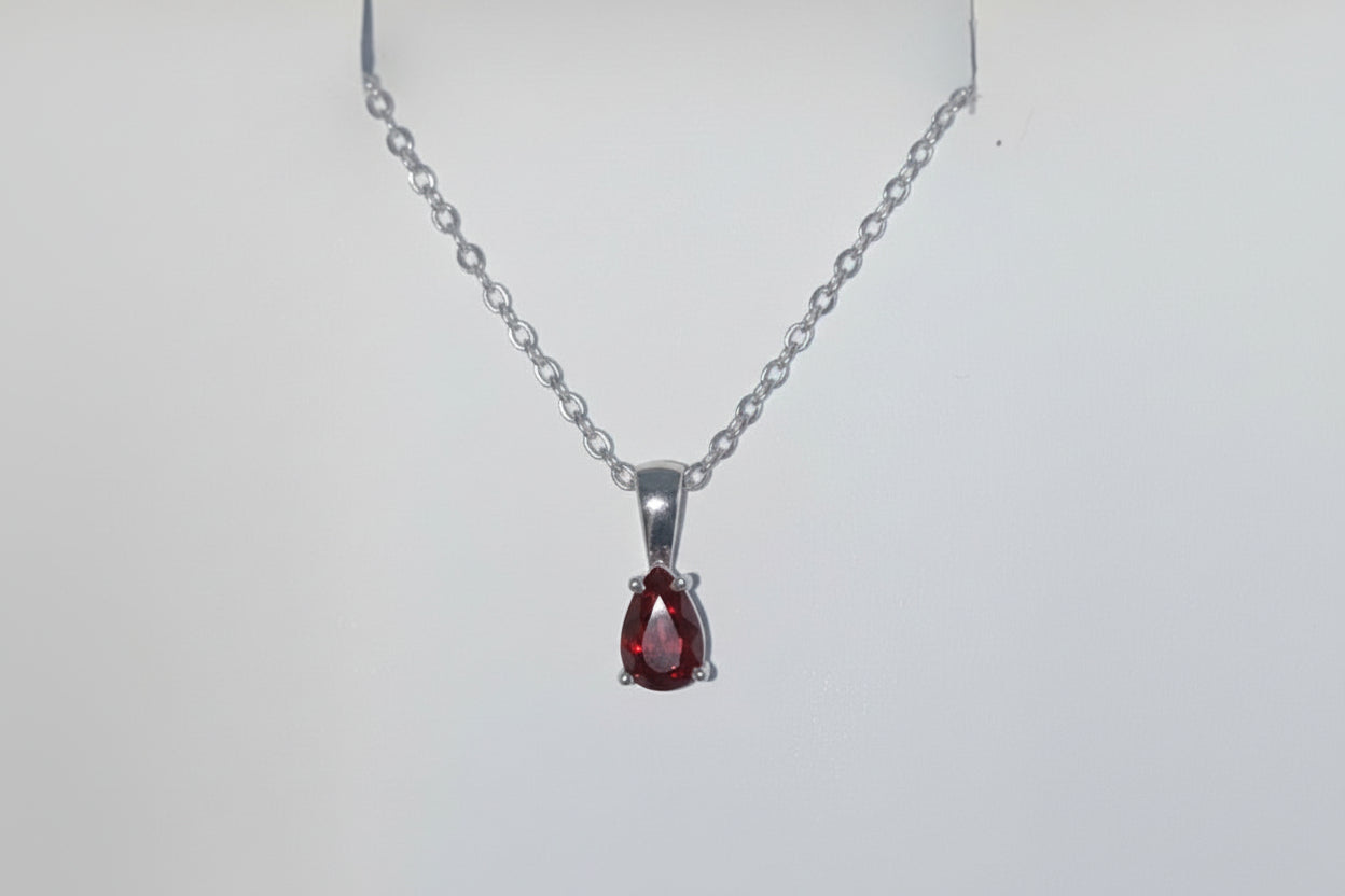 925 Silver Garnet Pear Necklace cz