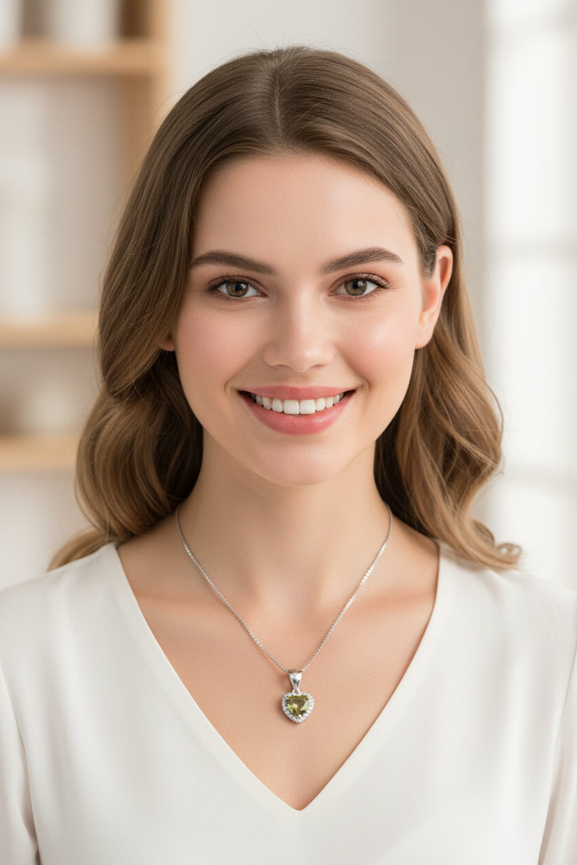 925 Silver Peridot Heart Necklace cz