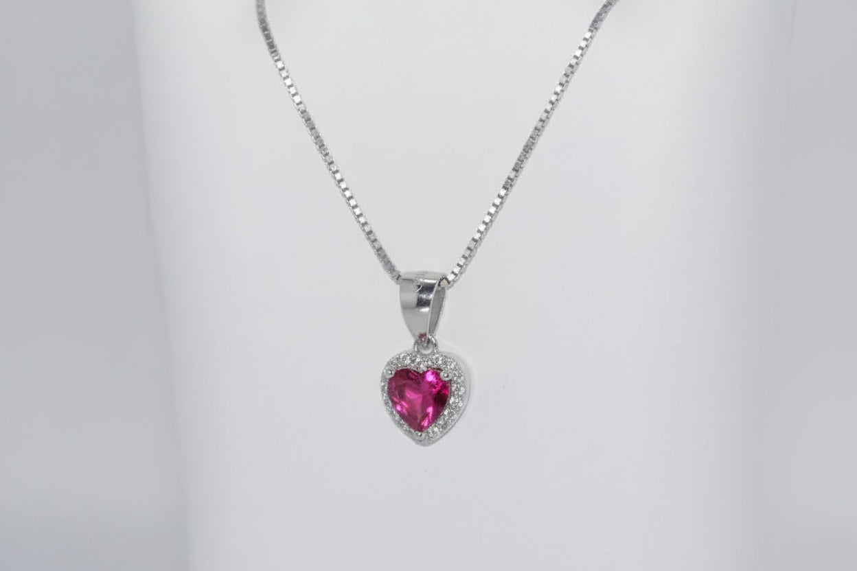 925 Silver Ruby Heart Necklace cz