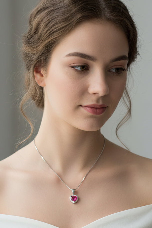 925 Silver Ruby Heart Necklace cz