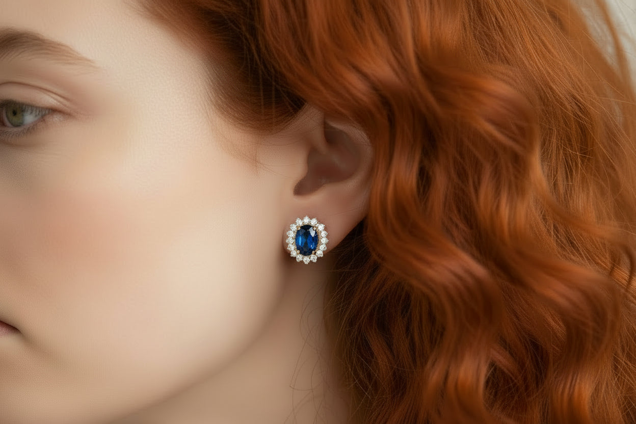 14k YG Sapphire Oval Flower Birthstone Earings cz