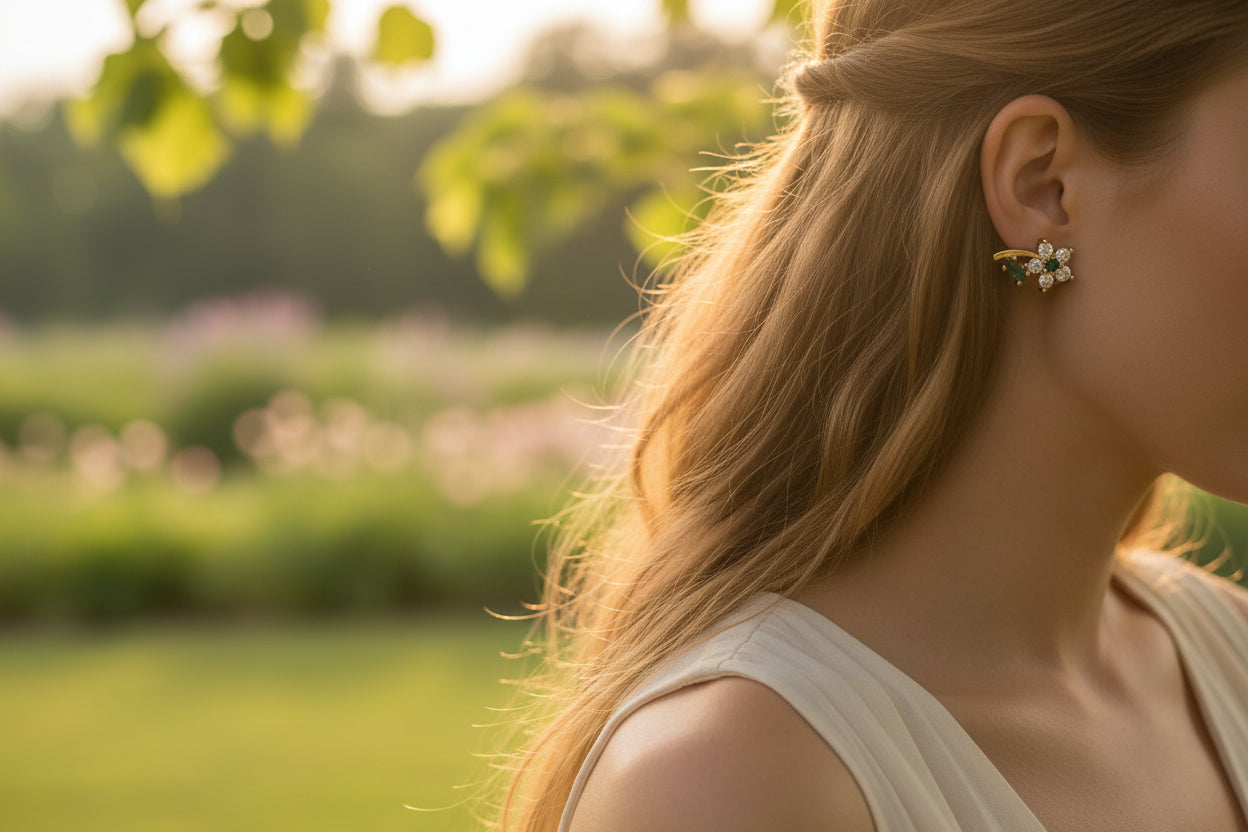 14k Yellow Gold Emerald Flower Earings cz