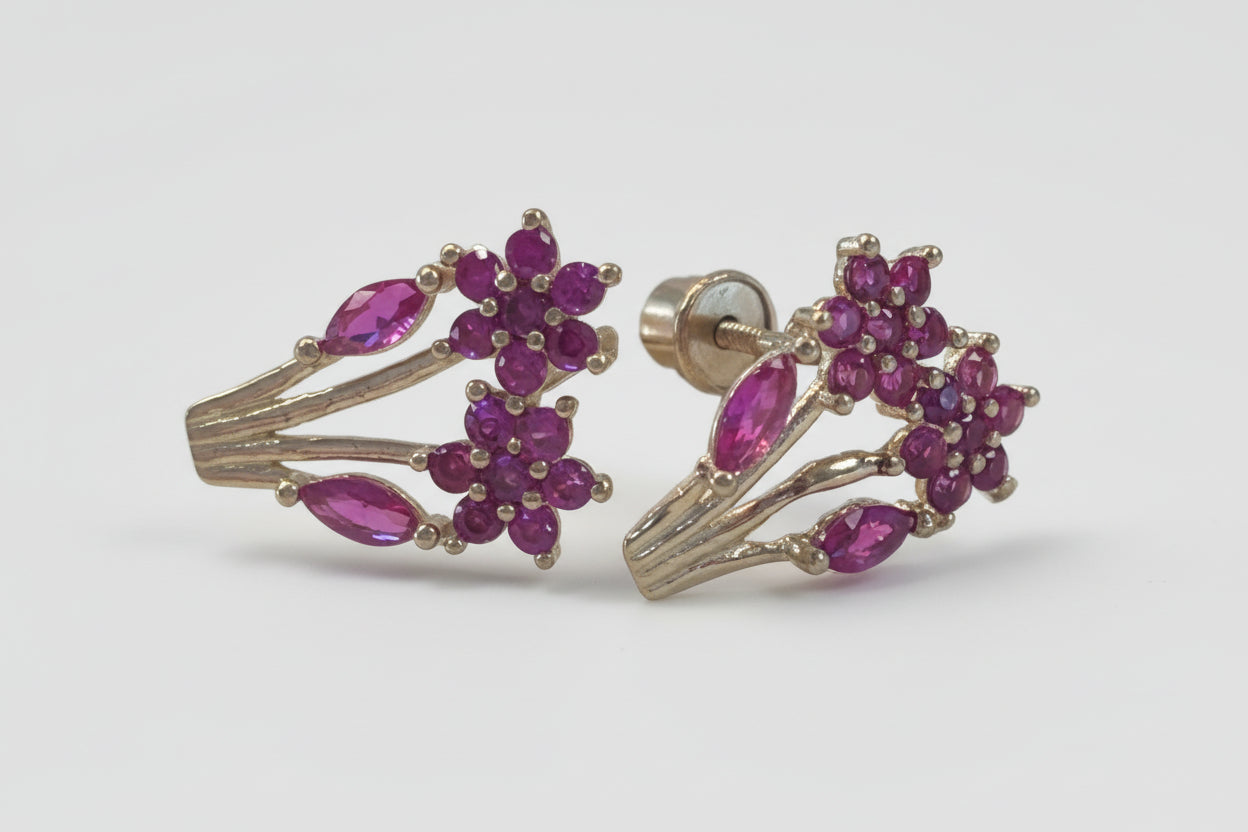 14k YG Ruby Flowers Birthstone Earings cz
