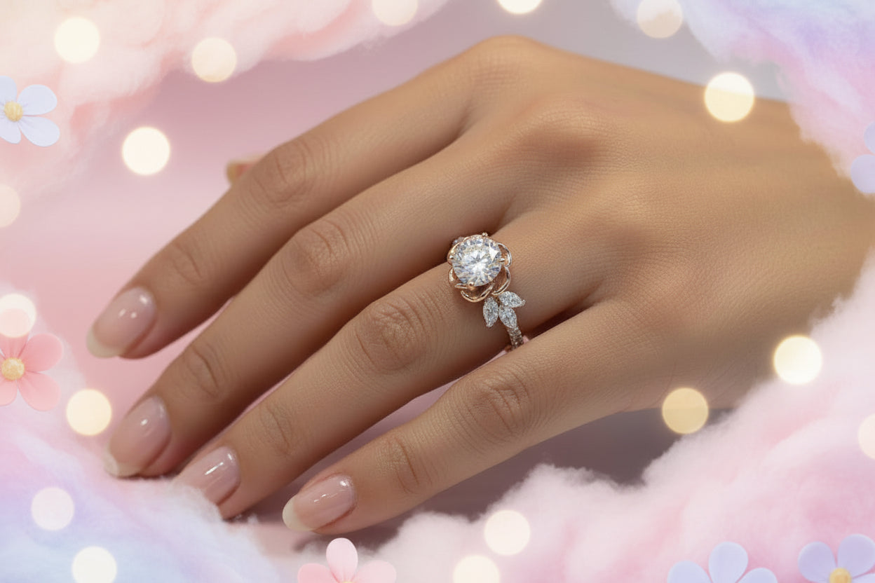 14k Yellow/Rose Gold LAB Flower Ladies Ring (Center Round DIAMOND 1.00CTR) Total 2.60CTW