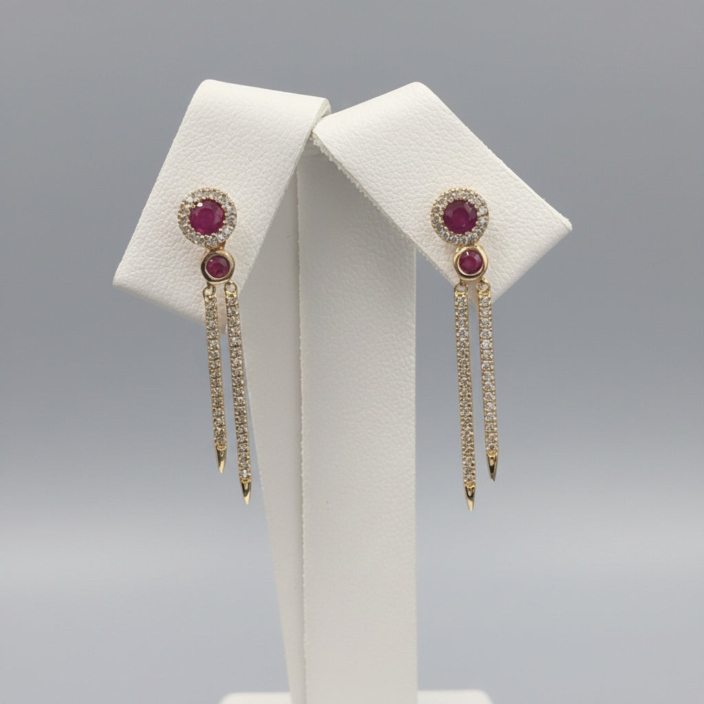 14k Yellow Gold Birthstone Ruby Dangly Earings DIAMOND 0.33CTW