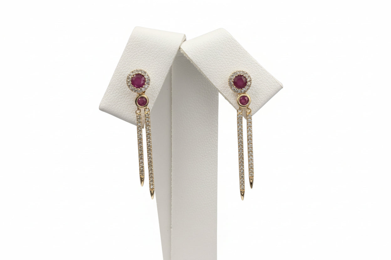 14k Yellow Gold Birthstone Ruby Dangly Earings DIAMOND 0.33CTW