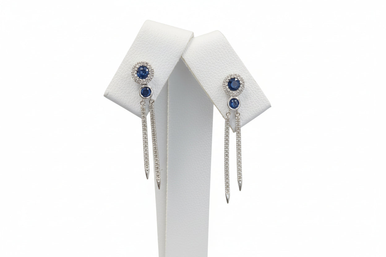 14k White Gold Sapphire Dangly Birthstone Earings DIAMOND 0.33CTW