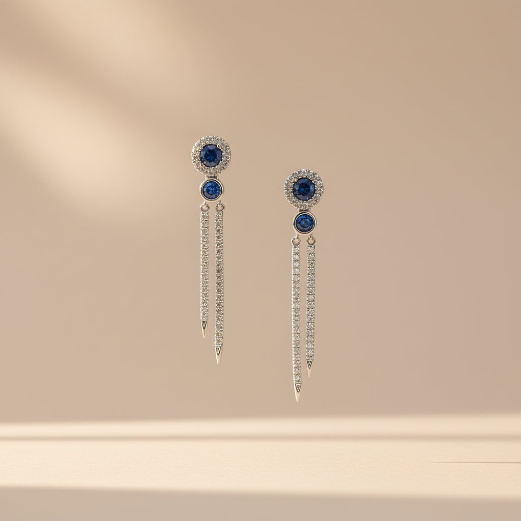 14k White Gold Sapphire Dangly Birthstone Earings DIAMOND 0.33CTW