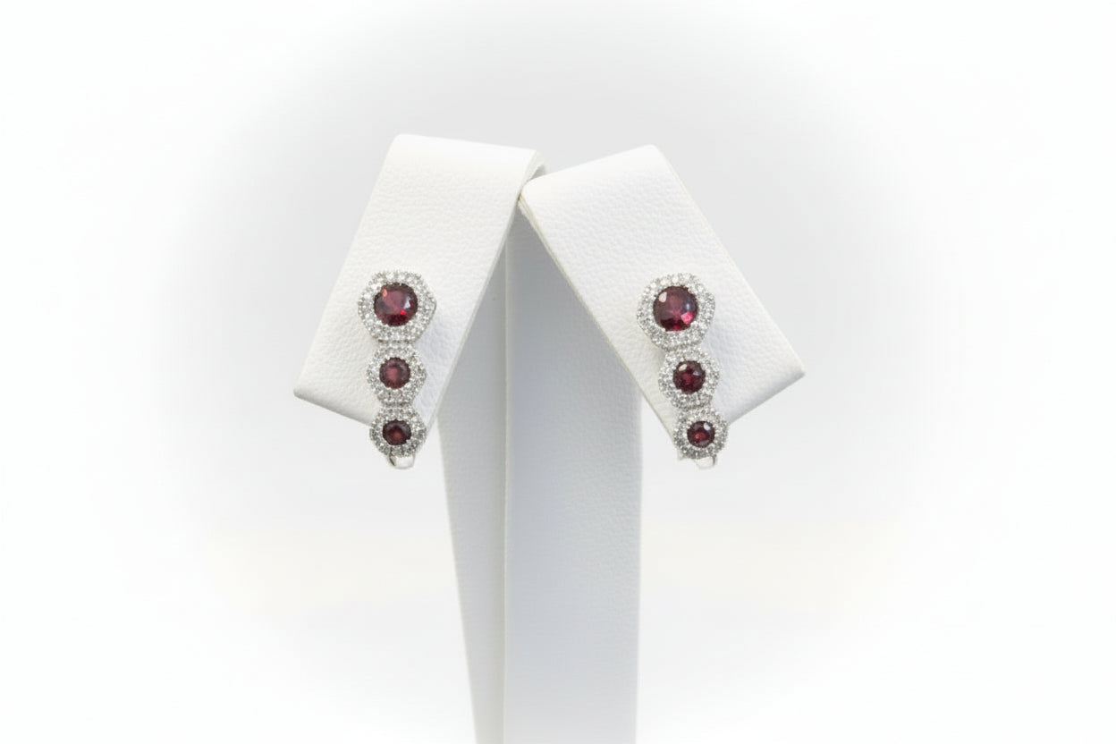 10k White Gold Garnet Half Dangly/ Hoop Birthstone Earings DIAMOND 0.22CTW