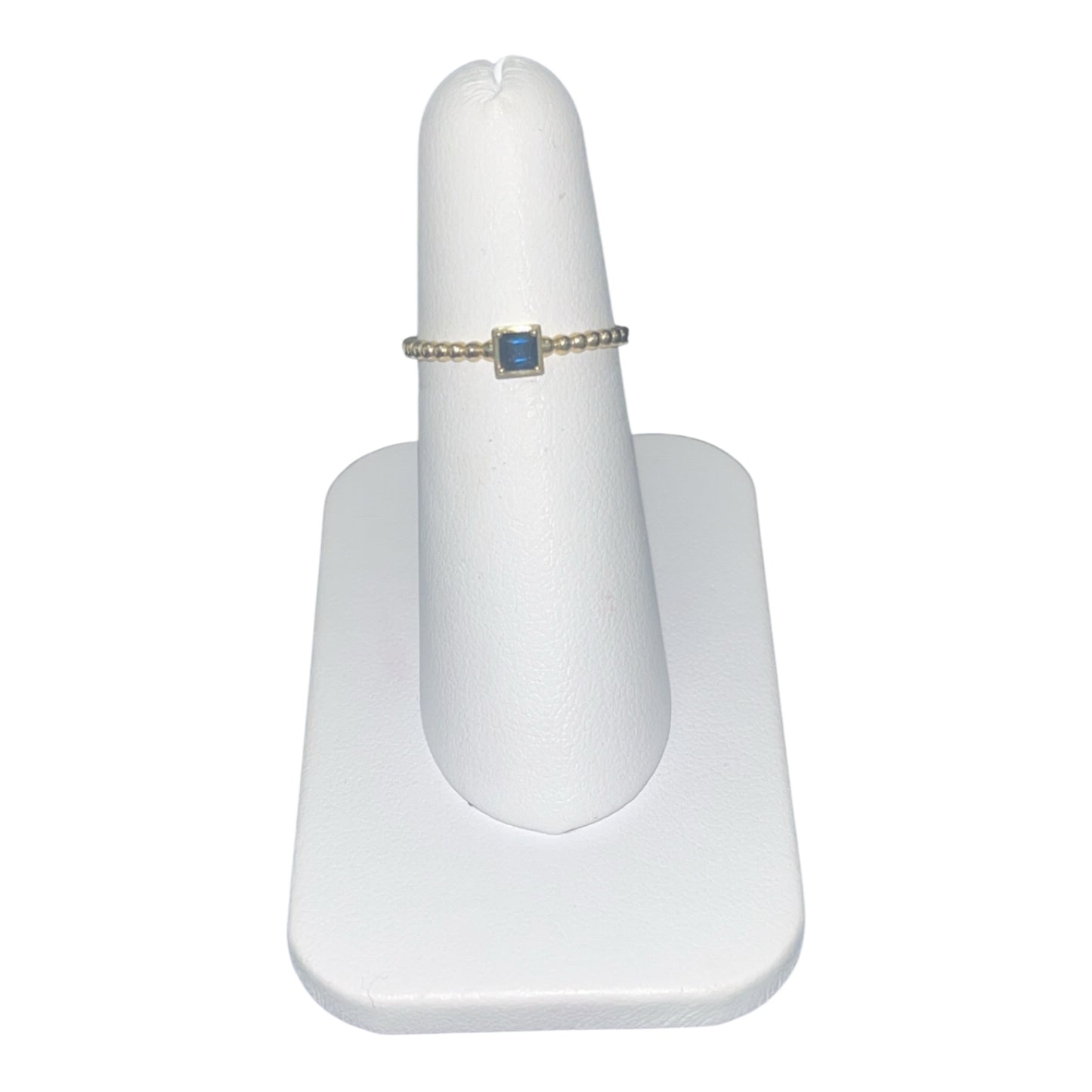 10k Yellow Gold Beadded Band with Blue Topaz Princess Cut Birthstone Ring