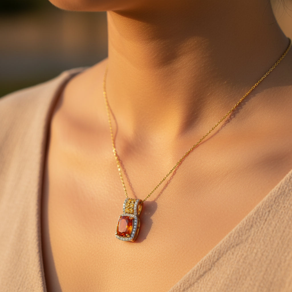 10k Yellow Gold Emerald Cut Citrine DIAMOND 0.06CTW Birthstone Necklace