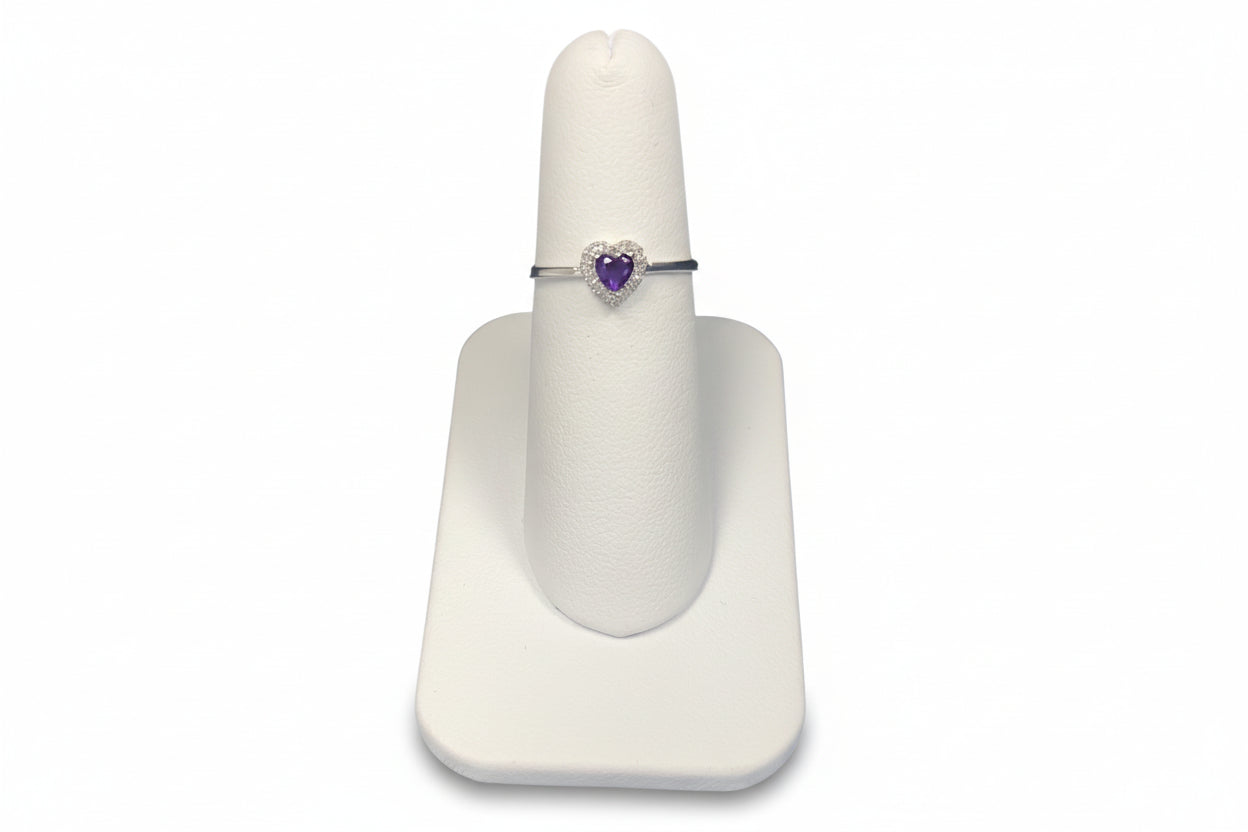 10k White Gold Amethyst Heart DIAMOND 0.08CTW Birthstone Ring