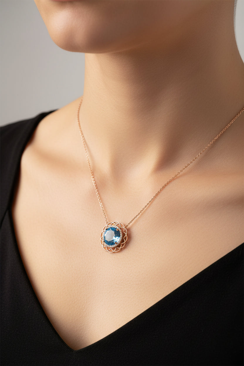 14k Rose Gold Round Blue Topaz DIAMOND 0.19CTW Birthstone Necklace