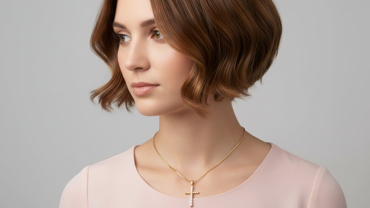 10k Yellow Gold LAB Cross/ Beaded DIAMOND 0.33CTW Necklace