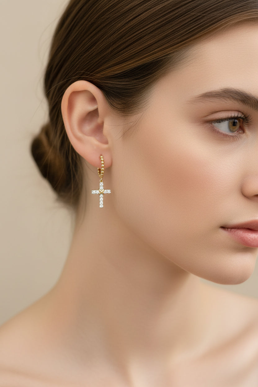 10k Yellow Gold LAB Round Beaded/ DIAMOND 0.56CTW Cross Dangly Hoops