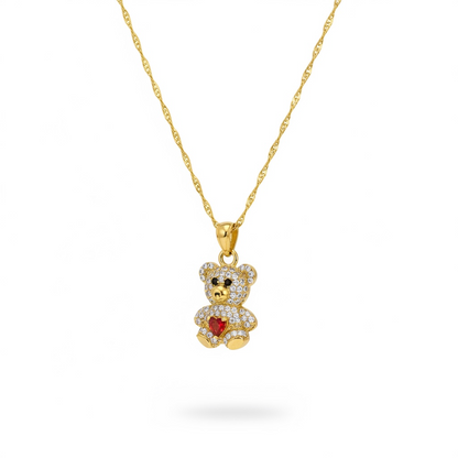10KT Gold Red Heart CZ Teddy Bear Necklace
