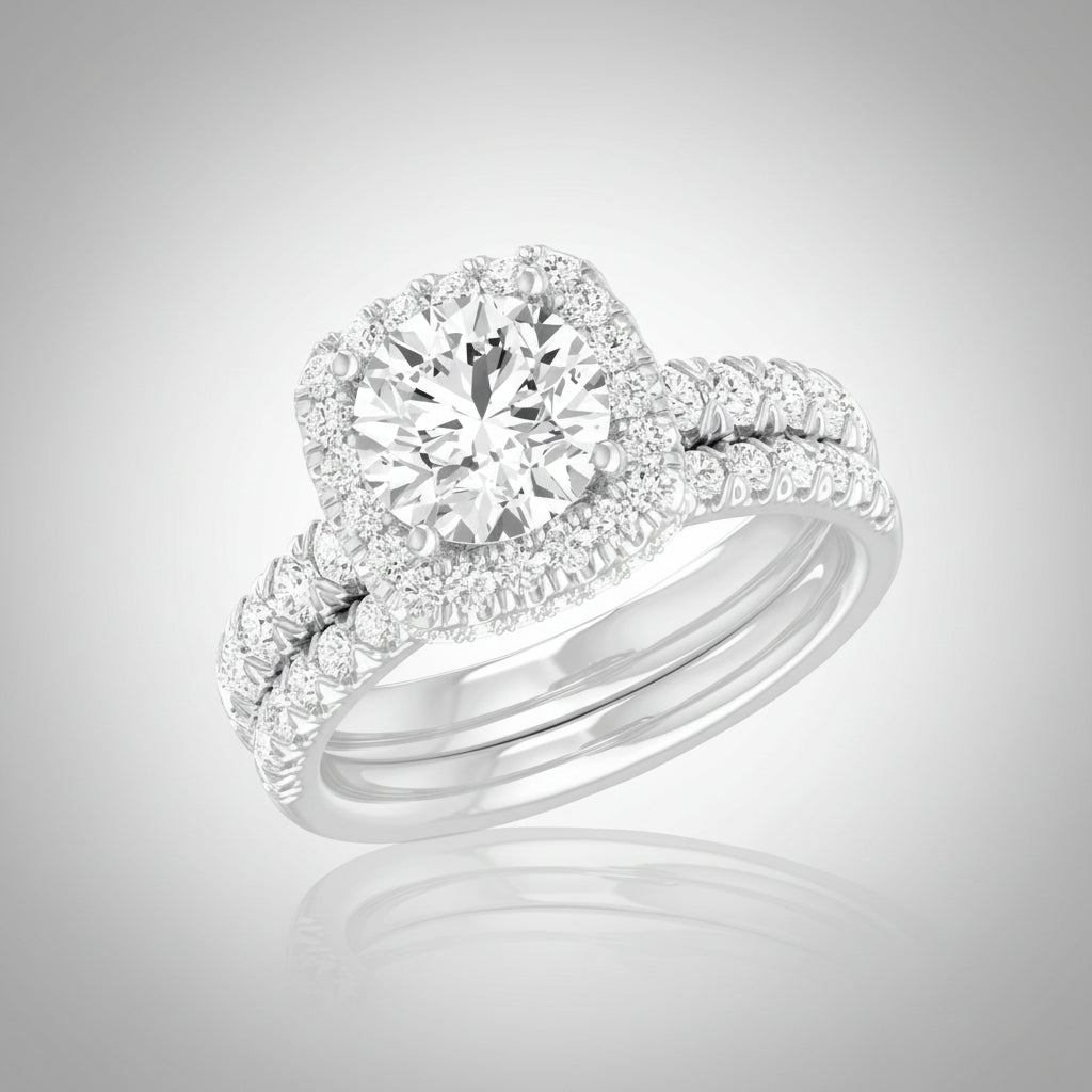 10k White Gold Lab Cushion Cut Bridal Set (Center Round Diamond 1.50CTR) Total 2.50CTW