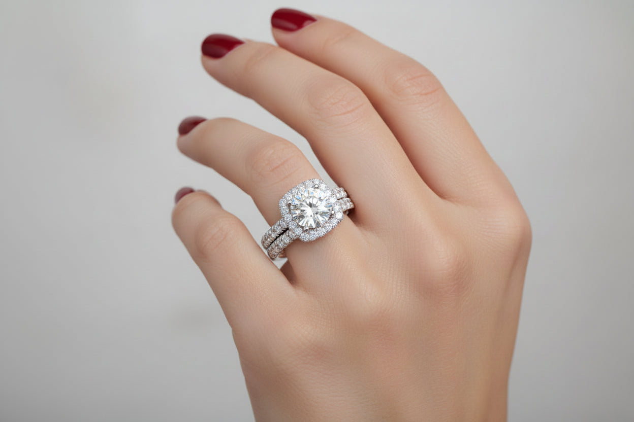 10k White Gold Lab Cushion Cut Bridal Set (Center Round Diamond 1.50CTR) Total 2.50CTW