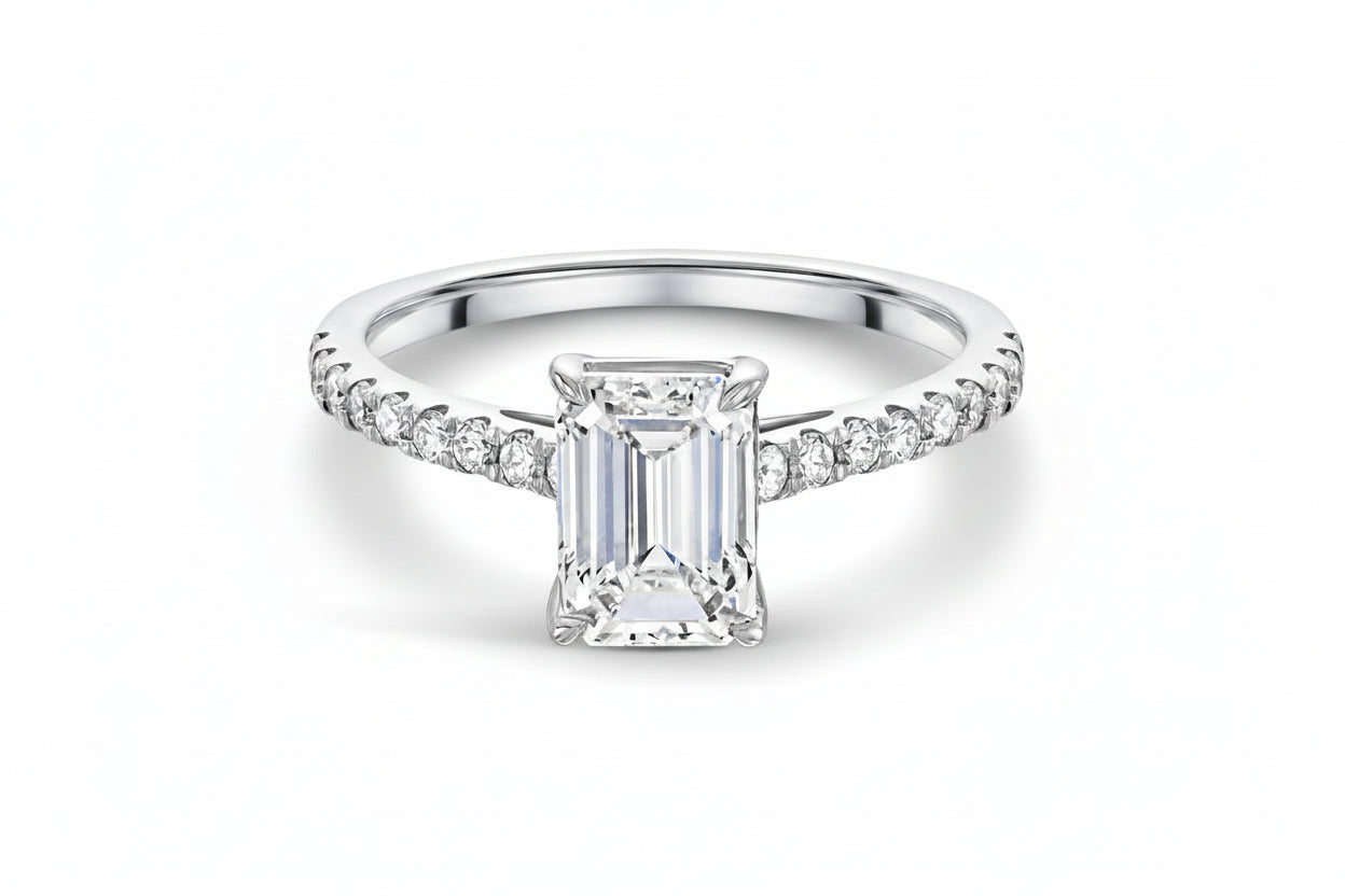 14k White Gold Emerald Cut Ladies LAB  Ring (Center Emerald 1.55CTR) Total 1.76CTW