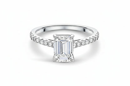 14k White Gold Emerald Cut Ladies LAB  Ring (Center Emerald 1.55CTR) Total 1.76CTW