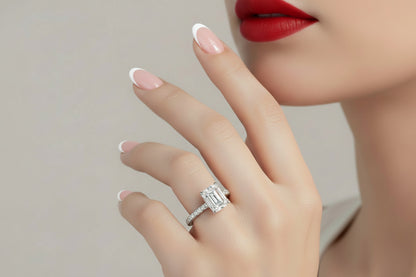 14k White Gold Emerald Cut Ladies LAB  Ring (Center Emerald 1.55CTR) Total 1.76CTW