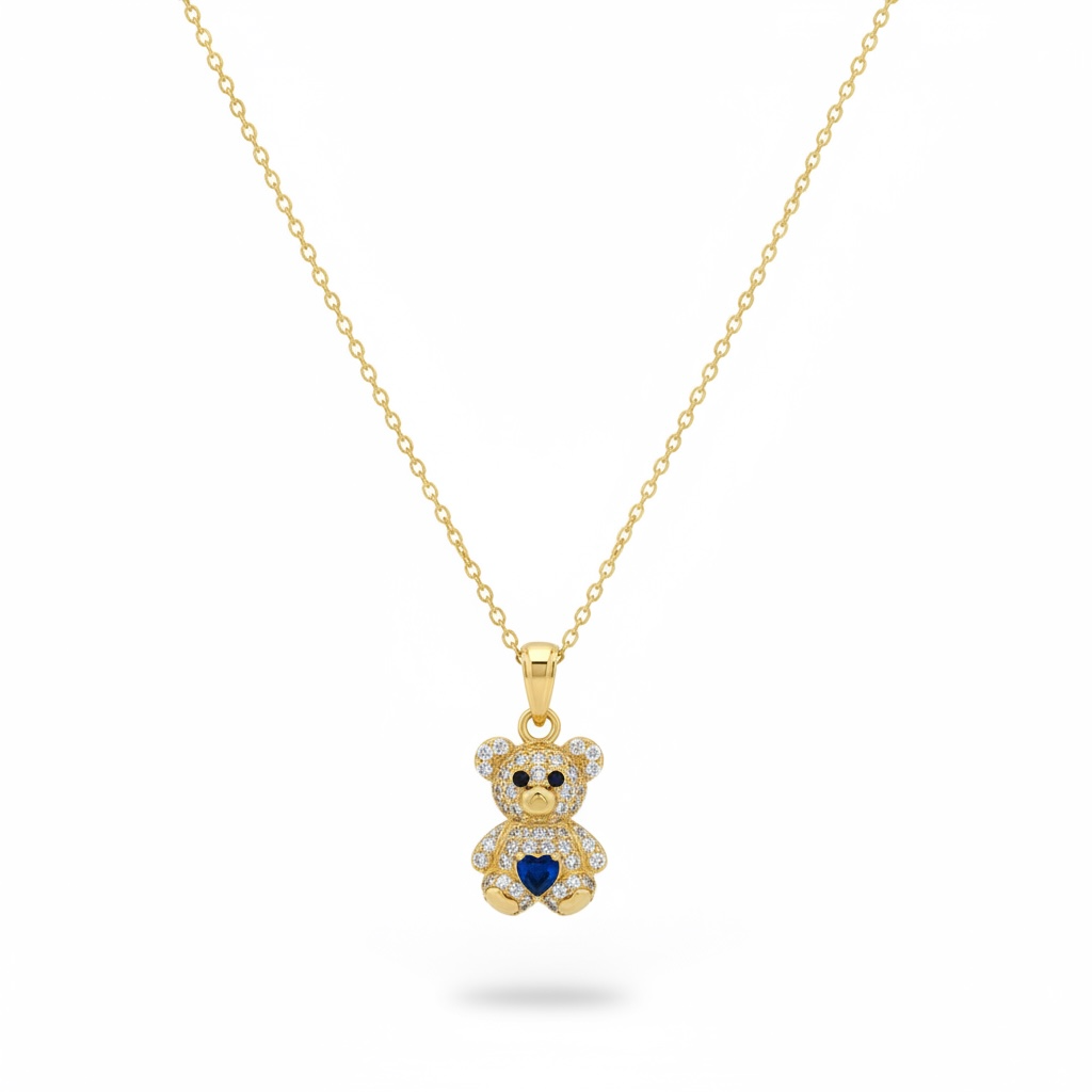 10KT Gold Blue Heart CZ Teddy Bear Necklace