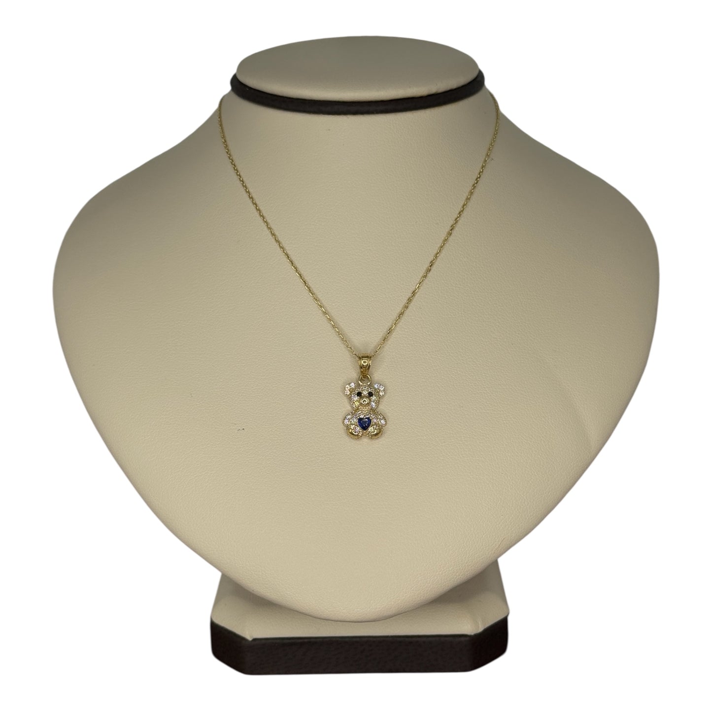 10KT Gold Blue Heart CZ Teddy Bear Necklace