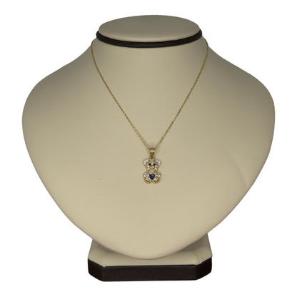 10KT Gold Blue Heart CZ Teddy Bear Necklace