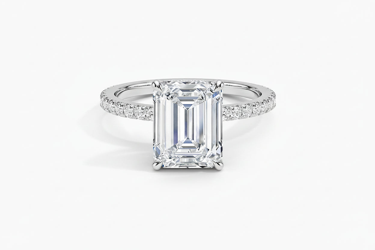 14k White Gold Emerald Cut LAB Ring (Center EM 1.55CTR) Total 1.76CTW