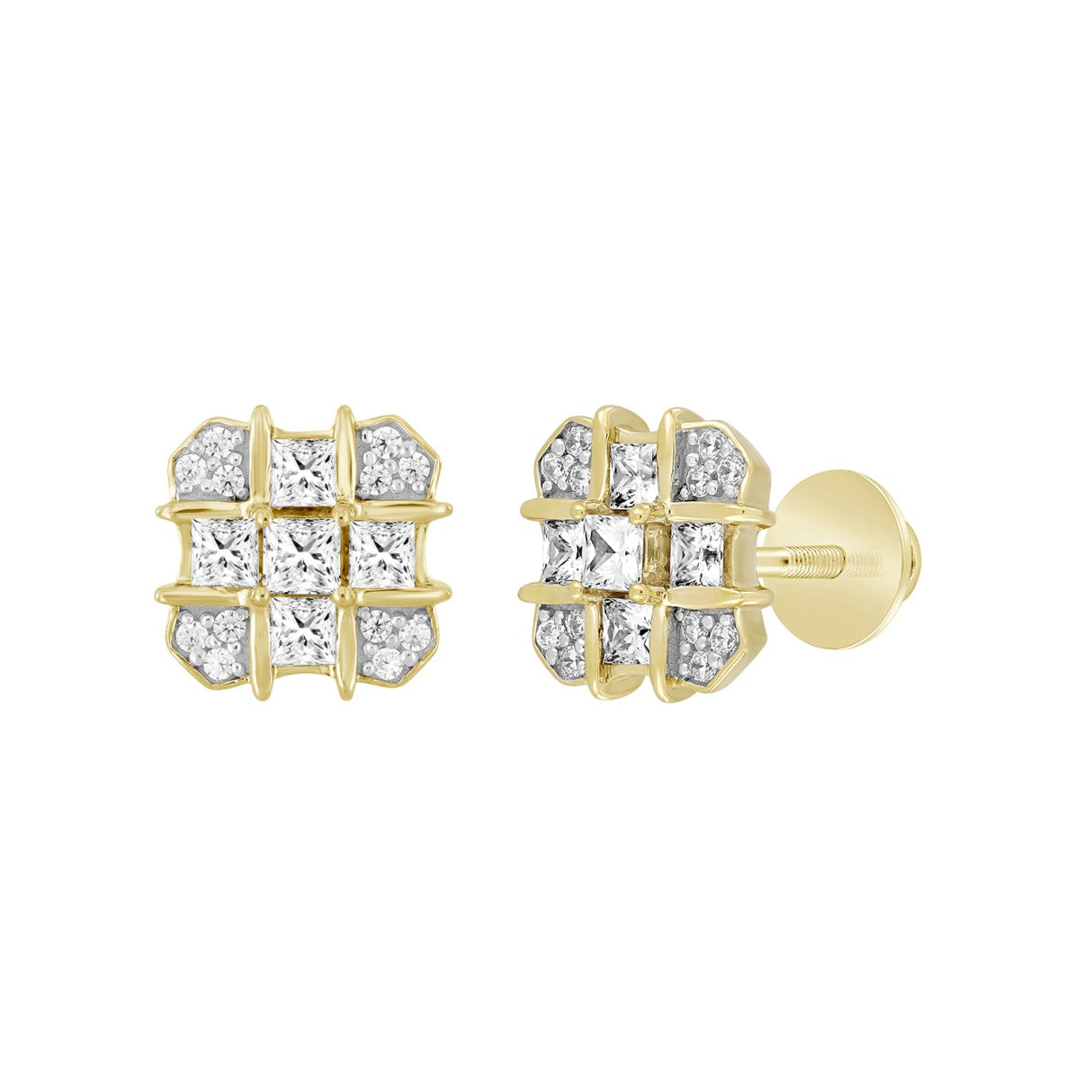 MEN'S EARRINGS 1CT ROUND/PRINCESS DIAMOND 14K YELLOW GOLD