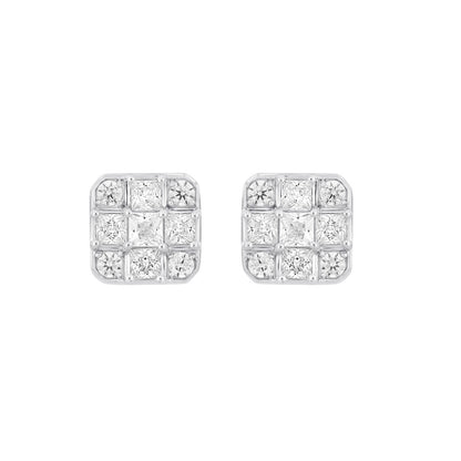 LADIES EARRINGS 1CT ROUND/PRINCESS DIAMOND 14K WHITE GOLD