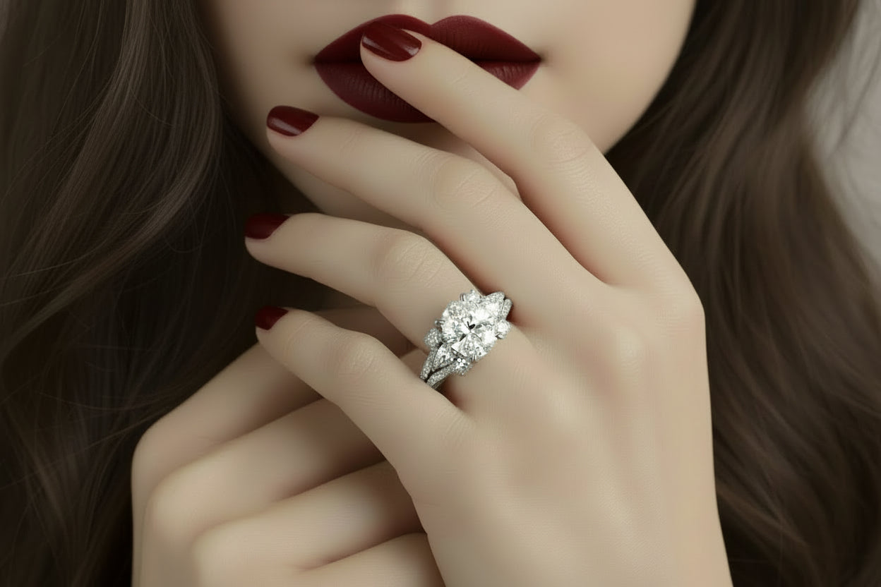 LADIES RING 3CT ROUND/OVAL/PEAR DIAMOND 14K WHITE GOLD (CENTER STONE OVAL DIAMOND 2CT )