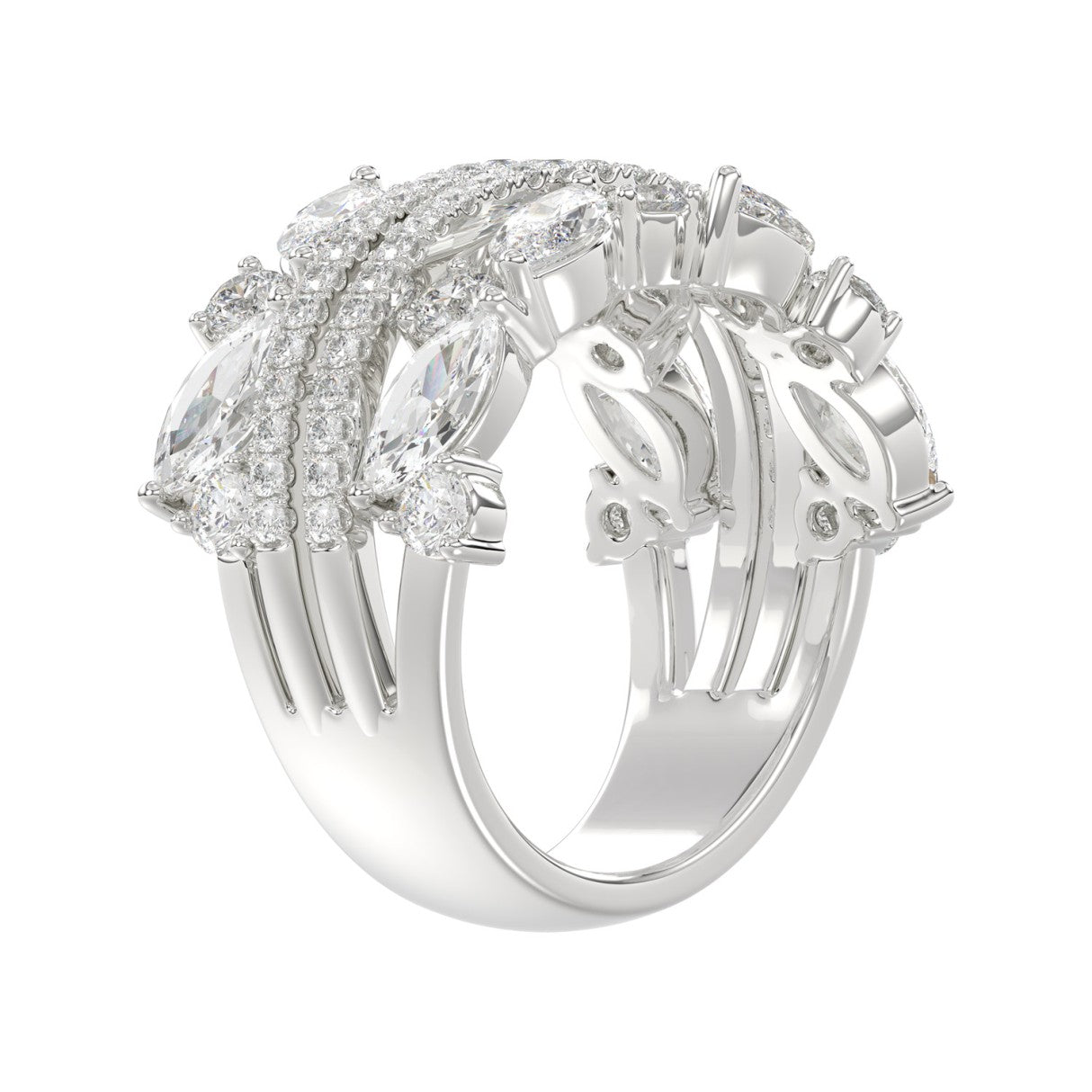 This is a diamond 14k cluster Ladies 2CT Ring featuring Marquise-shaped and round-cut diamonds in a leaf or floral motif set in white gold (Color F-G  Clarity VS1/VS2)