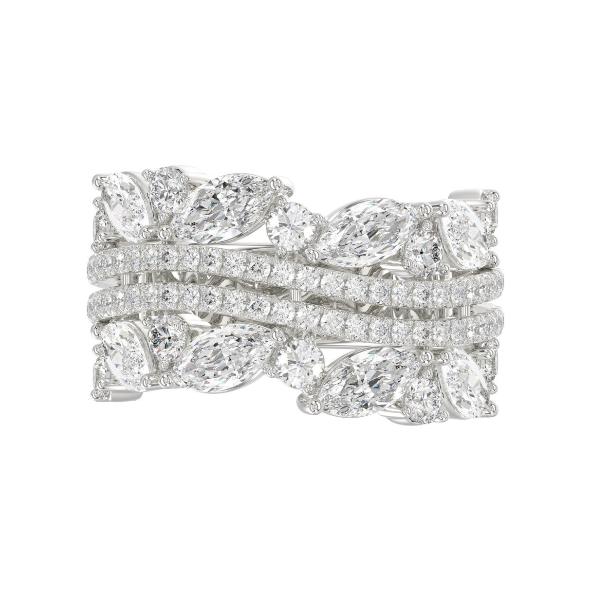 This is a diamond 14k cluster Ladies 2CT Ring featuring Marquise-shaped and round-cut diamonds in a leaf or floral motif set in white gold (Color F-G  Clarity VS1/VS2)