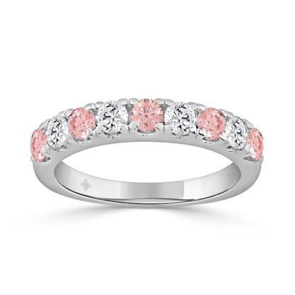 14K White Gold 1.00 CT Round Pink &amp; White Diamond Alternating Band Ring