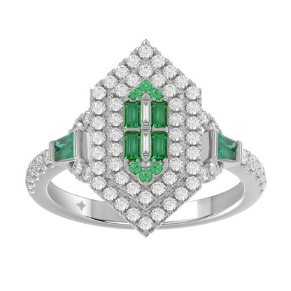 14K WHITE GOLD 1 1/6CT ROUND/BAGUETTE/EMERALD DIAMOND LADIES RING (GREEN EMERALD BAGUETTE DIAMOND 1/6CT)