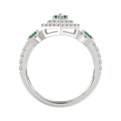 14K WHITE GOLD 1 1/6CT ROUND/BAGUETTE/EMERALD DIAMOND LADIES RING (GREEN EMERALD BAGUETTE DIAMOND 1/6CT)