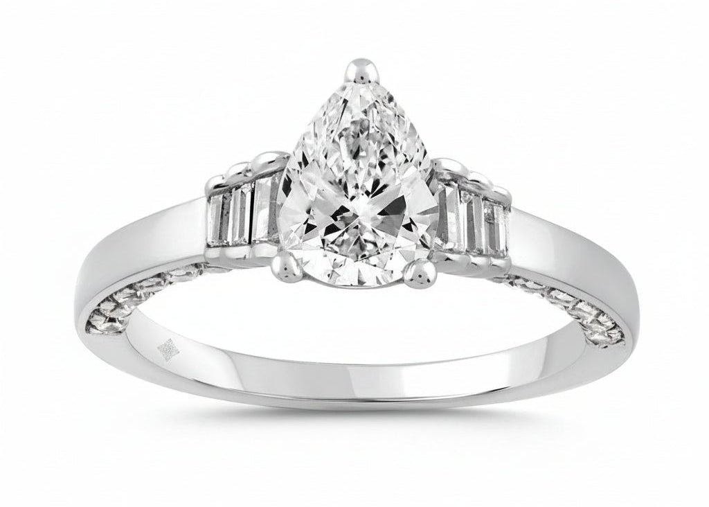 LADIES RING 2.00CT ROUND/BAGUETTE/PEAR DIAMOND 14K WHITE GOLD (CENTER STONE PEAR DIAMOND 1 1/2CT)