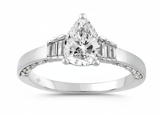 LADIES RING 2.00CT ROUND/BAGUETTE/PEAR DIAMOND 14K WHITE GOLD (CENTER STONE PEAR DIAMOND 1 1/2CT)