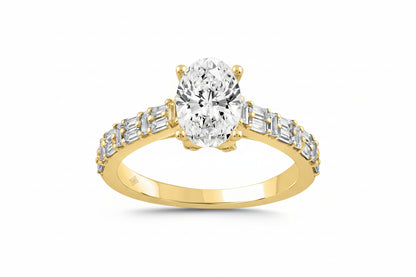 LADIES RING 2 1/2CT ROUND/BAGUETTE/OVAL DIAMOND 14K YELLOW GOLD (CENTER STONE OVAL DIAMOND 2.00CT)