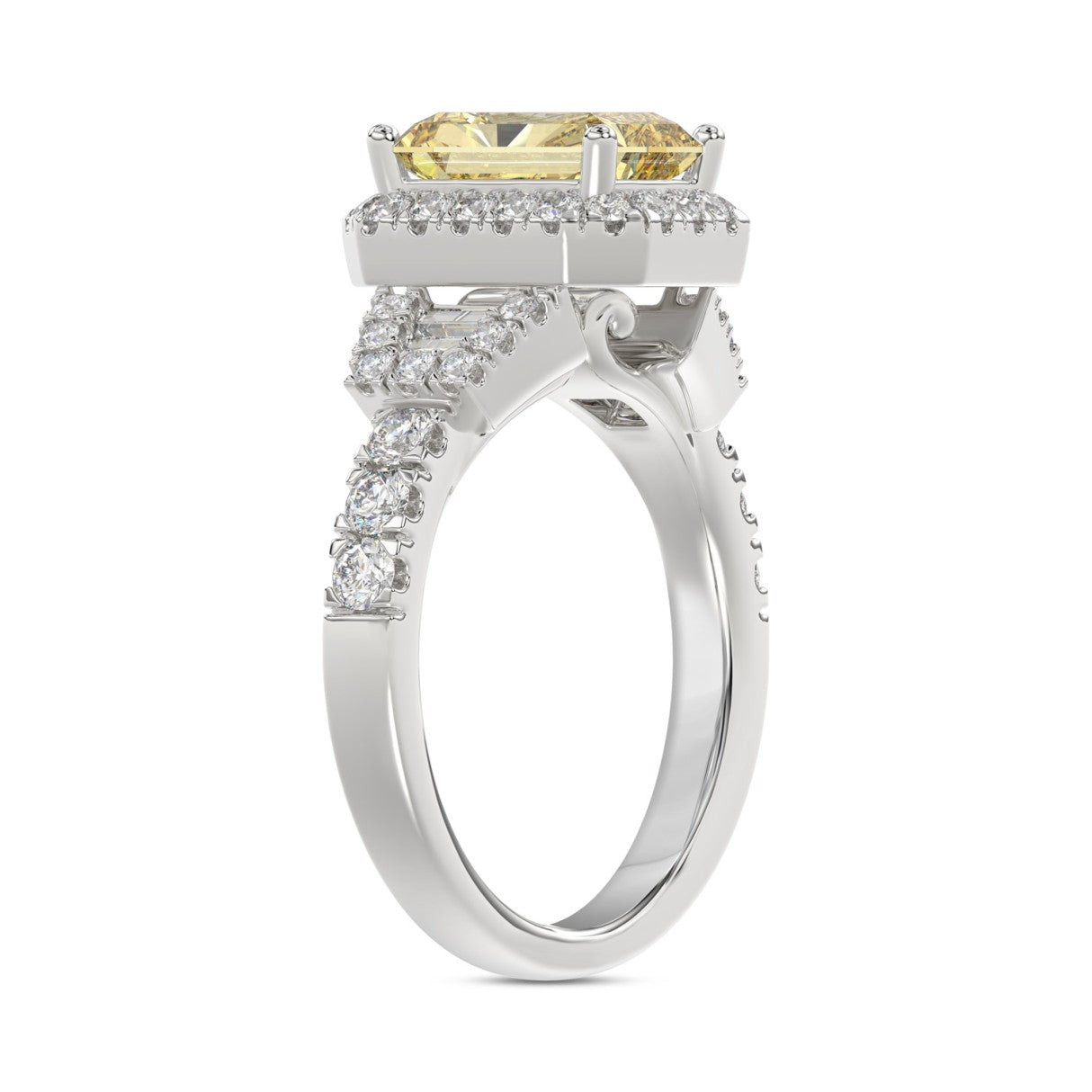 14K WHITE GOLD 2 3/4CT ROUND/BAGUETTE/RADIANT DIAMOND LADIES RING (CENTER STONE YELLOW RADIANT DIAMOND 2CT)